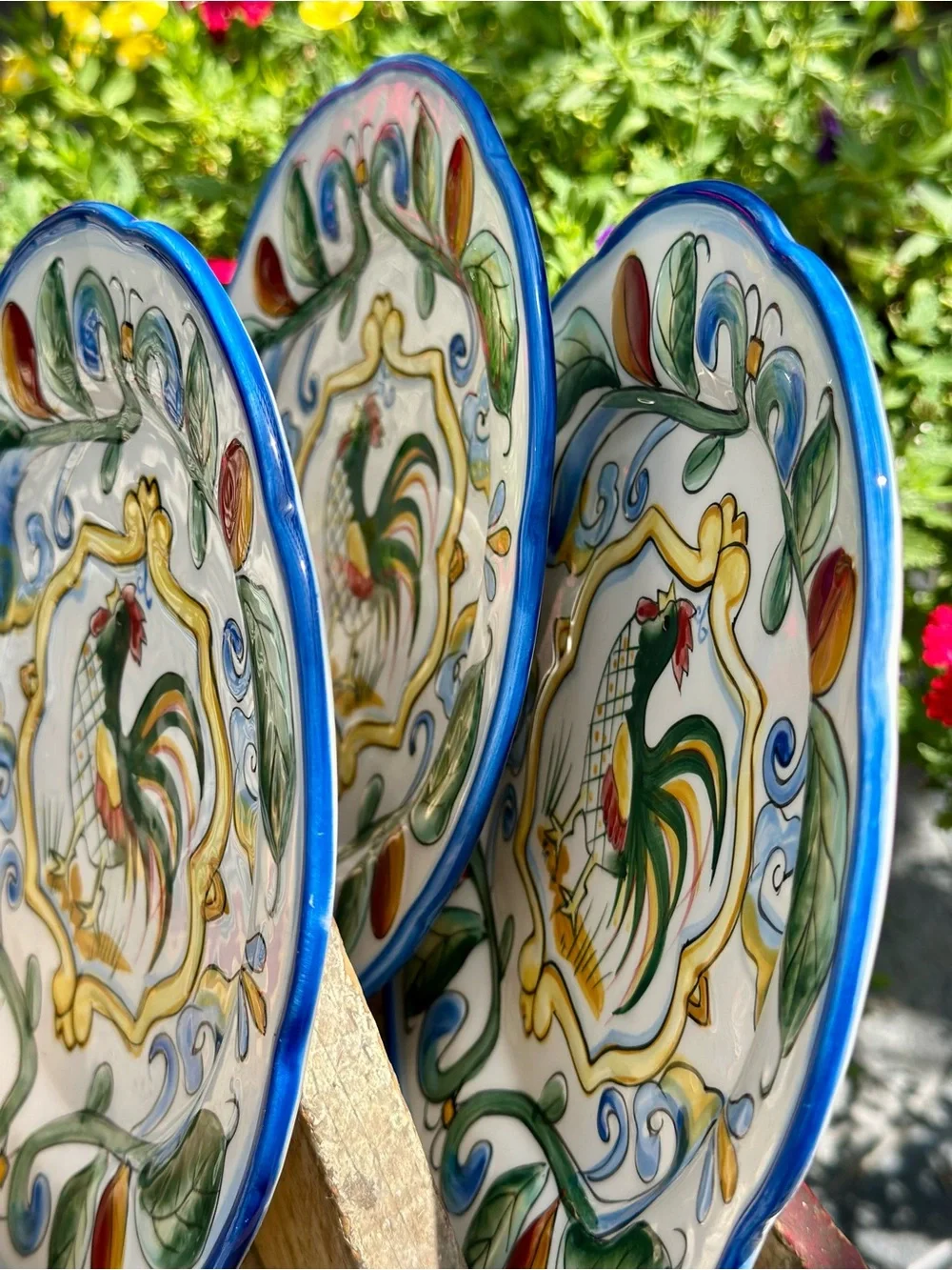Fitz and Floyd Ricamo Rooster Salad Plates Set of 3 Blue Rim 9 inch